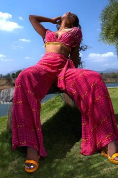 Shop for Babita Malkani Pink Georgette Corded Top And Overlapped Pant Set for Women Online at Aza Fashions Fitted Pant Set For Summer Vacation, Fitted Pant Set For Vacation, Chic Festive Pants For Summer, Bohemian Fitted Festival Sets, Fitted Summer Sets With Straight Pants, Fitted V-neck Sets For Beachwear, Fitted V-neck Beachwear Sets, Summer Party Sets With Straight Pants, Bohemian Summer Festive Pant Set