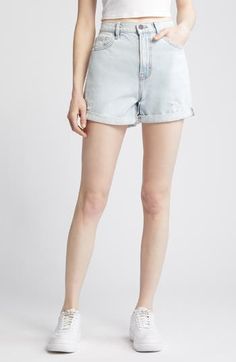 Light distressing adds eye-catching texture to these nonstretch-denim shorts with rolled cuffs upping the laid-back appeal. 3" inseam; 11" front rise Zip fly with button closure Five-pocket style 100% cotton Machine wash, tumble dry Imported Trendy Rolled Hem Jeans For Spring, High Rise Cotton Jean Shorts With Rolled Hem, Relaxed Fit Cutoff Bottoms With Rolled Hem, Cotton Cutoff Jean Shorts With Rolled Hem, Casual Rolled Hem Cutoff Jean Shorts, Casual Cutoff Jean Shorts With Rolled Hem, Summer Medium Wash Jean Shorts With Rolled Hem, High Rise Rolled Hem Summer Jeans, Denim Jean Shorts With Rolled Hem For Summer