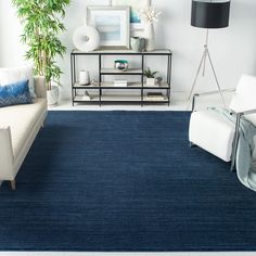 a living room filled with furniture and a blue rug