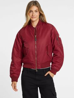 Crafted in a woven nylon and made from recycled ocean plastic, this bomber features side pockets, a front zip closure and light padding throughout. A relaxed fit. Casual Red Outerwear With Zip Fly, Guess Jeans, Red Jacket, Zip Pockets, Bomber Jacket, Women Jeans, Jackets For Women, Relaxed Fit, Clothes For Women