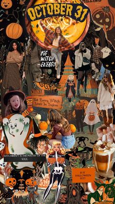 a collage of halloween related items including pumpkins, jack - o'- lanterns and witches