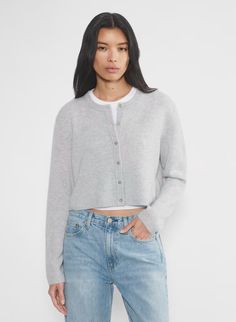 CASHMERE RELAXED CREW CARDIGAN | Aritzia Cashmere Cardigan Outfit, Cardigan Design, Fully Fashioned, Stylish Sweaters, Womens Cashmere, Grey Cardigan, Sweater Sale, Cashmere Cardigan, T Shirt Vest