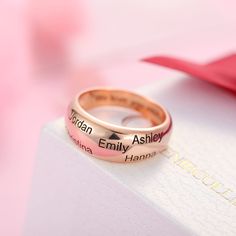 Personalized 1-6 Names Ring in Rose Gold Rose Gold Engraved Promise Ring Stamped 14k, Rose Gold Engraved Ring Stamped 14k For Promise, Rose Gold Promise Ring Stamped 14k, Rose Gold 14k Stamped Promise Ring, Personalized Yellow Gold Wedding Jewelry, Elegant Engraved Couple Rings For Promise, Hallmarked Engraved Rose Gold Ring, Elegant Engraved Couple Rings, Elegant Couple Rings With Engraving Option For Wedding