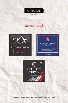 four different logos on white paper with black and red lettering, one is for cotton curvy