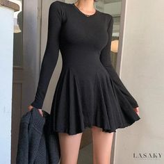 Lasaky - Sleek and Sexy High-Collar Long Sleeve Maxi Dress Casual Solid Mini Dress For Club, Casual Mini Dress For Club, Black Stretch Bodycon Dress Casual, Casual Stretch Black Bodycon Dress, Black Stretch Mini Dress Casual, Black Solid Color Mini Dress For Winter, Casual Slim Fit Black Dress, Black Long Sleeve Mini Dress In Flirty Style, Black Long Sleeve Mini Dress Flirty Style