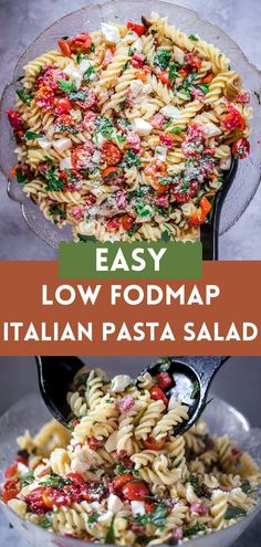 pasta salad in a bowl with the words easy low fodmap italian pasta salad