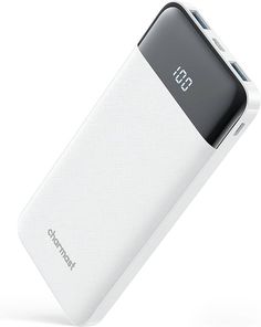 this is an image of a white and black power bank on a white background with clippings