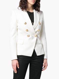 Luxury White Blazer For Business Casual, Tailored Double-breasted White Blazer, White Sport Coat With Button Closure For Fall, Winter White Business Casual Blazer, White Winter Business Casual Blazer, Winter Business Casual White Blazer, White Winter Outerwear With Suit Collar, White Business Casual Winter Blazer, Luxury White Outerwear For Business Casual