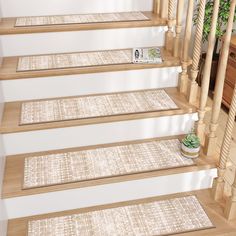 there is a set of stairs with carpet on the bottom, and an area rug on the bottom