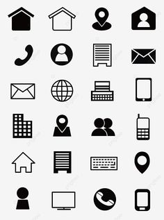 black and white icons set for web site or mobile phone, email, contact, map png and psd