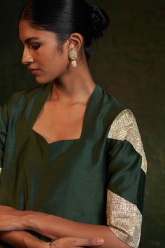 Straight a line kurta with dramatic gota details on front and sleeves, paired with straight pants with gota on hem and chanderi dupatta with gota. A refreshing contemporary silhouette, this ensemble is all you need to make a statement. Chanderi Dupatta, Straight A, A Line Kurta, Kurta Set, Straight Pants, Deep Green, A Line, Pants, Green