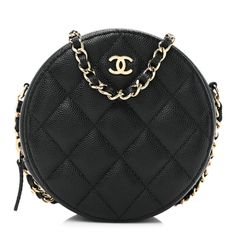 This is an authentic CHANEL Caviar Quilted Round Clutch With Chain in Black. This stylish crossbody bag is crafted of luxurious diamond-quilted caviar leather in black. The bag features a leather-threaded polished gold chain link shoulder strap, and a matching gold Chanel CC logo on the front. The wrap-around zipper opens the bag to a burgundy fabric interior with patch pockets. Black Caviar Leather Evening Bag, Designer Caviar Leather Bags For Formal Occasions, Luxury Caviar Leather Bag For Everyday, Everyday Luxury Caviar Leather Bag, Luxury Caviar Leather Evening Bag, Classic Formal Caviar Leather Bag, Black Diamond Quilted Bag For Everyday Luxury, Black Diamond Quilted Luxury Bag, Black Evening Bags With Diamond Quilting