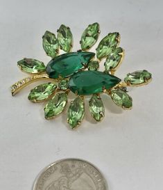 Vintage MCM Marquise Dark & Peridot Green Marquise Rhinestone Leaf Brooch  | eBay Green Brooch For Party, Elegant Green Rhinestone Brooches, Formal Green Rhinestone Brooches, Peridot Green, Leaf Brooch, Vintage Brooch, Vintage Costume Jewelry, Vintage Costumes, Vintage Brooches