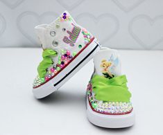 Tinkerbell Shoes, Tiana Party, Princess Tiana Party, Mickey Shoes, Kid Birthday Outfits, Shark Shoes, Bedazzled Shoes, Tutu Dress Costumes, Bling Converse