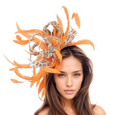 Hats By Cressida Kentucky Derby & Ascot Fascinator Hats Audrey Sinamay & Feather Fascinator Hat Gorgeous loops trimmed with coque feathers Body measures about 8 inches wide With orange headband. If you prefer a headband to match your hair, please make a note at check out what colour headband you want. This Fascinator is perfect for any special occasion like a wedding, bridal shower or ladies day at the races such as Royal Ascot, Kentucky Derby, Kentucky Oaks, and Melbourne Cup. We make each hat to order just for you, we would prefer if you did not order for choice. If colour match is important to you please ask for free fabric swatch to be sent to you - this reduces returns and disappointment.   We can also make a custom design for you if you have something else in mind.  RETURNS: We accep Cocktail Garden, Cocktail Garden Party, Kentucky Oaks, Kentucky Derby Fascinator, Derby Fascinator, Hat Wedding, Feather Fascinator, Melbourne Cup, Feather Fascinators