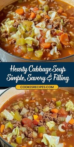 two pictures of hearty cabbage soup with meat and vegetables