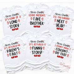 Spruce up your family gathering with these funny Christmas tees. These Christmas shirts are perfect for the whole family! ALSO AVAILABLE IN BLACK SHIRTS https://www.etsy.com/listing/1618938361/funny-christmas-shirt-family-christmas-t?click_key=4a6bdcaebcb6187cdce129a59660a17620813fcb%3A1618938361&click_sum=1a99cc1b&ref=shop_home_active_1&pro=1&frs=1 SHIRT DETAILS * Bella+Canvas - Adult, Youth, and Toddler shirts * Rabbit Skins - Baby shirts and bodysuits * Next Level - Women's tank tops * Gildan - alternative option if the primary brand is out of stock * 100% soft cotton SIZING * Our shirts are unisex - Run true to size and have a relaxed fit. Order one size smaller for a further slim fit. * If you are unsure about what size to order, please refer to the size chart in the photos or reach o Christmas Outfit Funny, Matching Family Christmas Shirts, Matching Christmas Outfits, Christmas Pj, Christmas Shirts For Kids, Christmas T Shirt Design, Black Shirts, Santa Shirts, Family Tees