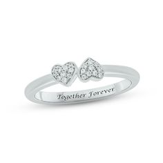 This sweet and stylish promise ring is perfect for symbolizing your commitment. Two hearts facing opposite directions sparkle with dainty round diamonds at the center. The sterling silver band can be engraved with a message of your choosing – up to 16 letters in length – for a personal touch. The ring has a total diamond weight of 1/10 carat. Heart Promise Rings, Heart Face, Kay Jewelers, Promise Rings For Her, Silver Prices, Double Heart, Two Hearts, Sterling Silver Bands, Promise Ring