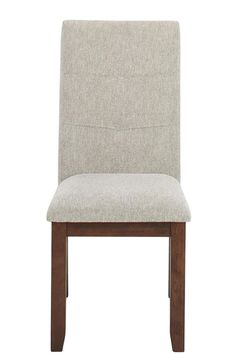 the back side of a chair with a light gray upholstered seat and dark wood legs