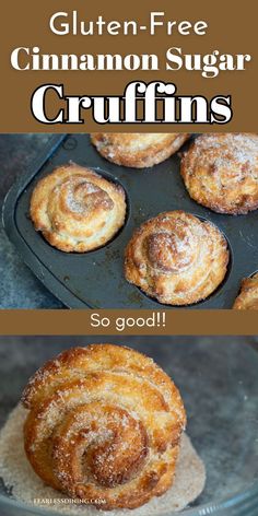 These big, flaky but soft gluten free cinnamon sugar cruffins make a great breafkast treat. They are a cross between a croissant and a muffin...and it is fun to unwind the spirals as you eat them. If you are looking for a delicious baking recipe, this is a great recipe. Easy Gluten Free Donut Recipe, Baked Gluten Free Donut Recipes, Gf Croissant Recipe, Gluten Free Puff Pastry Ideas, Gf Muffins Recipes, Gluten Free Cinnamon Muffins, Gluten Free Muffins Recipes, Gluten Free Flour Recipes, Gluten Free Quick Bread Recipes