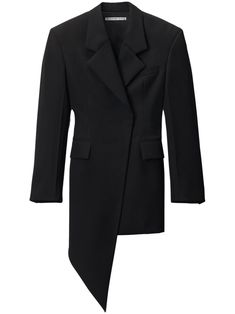 black lambs wool twill weave asymmetric design concealed front button fastening notched lapels long sleeves two side flap pockets asymmetric hem Asymmetrical Suit, Asymmetric Blazer, Short Blazer, Blazer Mini Dress, Twill Weave, Blazer And Shorts, Asymmetrical Design, Exclusive Fashion, Wool Blazer