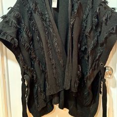 Rebecca Minkoff Shawl Wrap Sweater With Woven Fringed Detail And Side Ties. Feminine, Fun, And Flirty. Guaranteed To Keep You Warm And Cozy While Looking Sophisticated And Fashionable. One Size Fits All Wrap Coats For Women, Black Shawl, Wrap Coat, Shawl Wrap, Wrap Sweater, Rebecca Minkoff, Diy Clothes, Warm And Cozy, One Size Fits All