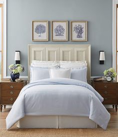 a bedroom with blue walls and white bedding