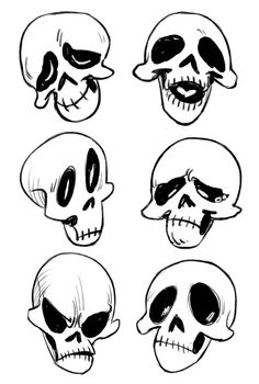 four skulls with different facial expressions and their faces are drawn in black on white paper