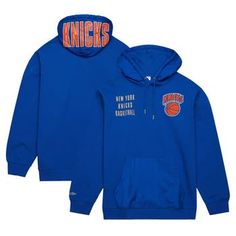 Celebrate your unwavering New York Knicks fandom with the Mitchell & Ness Blue New York Knicks Team OG 2.0 Vintage Logo Fleece Pullover Hoodie. This midweight hoodie features screen print and embroidered graphics, including the iconic New York Knicks logo, proudly displaying your allegiance to the team. Its front pouch pocket provides convenient storage, while the cotton and polyester blend ensures comfort and durability. Whether you're cheering from the stands or representing the Knicks off Sporty Fleece Hoodie For Fan Merchandise, Sportswear Hoodie For Fan Merchandise, Sporty Fleece Hoodie For Fans, Moisture-wicking Hooded Sweatshirt Fan Apparel, Moisture-wicking Hooded Sweatshirt For Fans, Moisture-wicking Hoodie For Fan Gear, Moisture-wicking Fan Apparel Sweatshirt For Streetwear, Throwback Hooded Sports Top, Sporty Fleece Sweatshirt For Fans