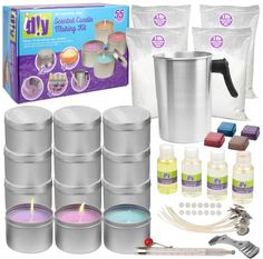 PRICES MAY VARY. Each iDIY candle making kit comes equipped with 4 lbs of soy wax, 4 color chips, 12 candle tins, 4 1oz fragrance oil scents, 1lb aluminum pouring pot, thermometer, 14 wicks, 3 metal wick clips, and 12 adhesive dots (55 piece complete set) Get creative - featuring 4 different colors, each color makes 3 candles Smell Heavenly - surround yourself with the wonderful scents of cinnamon, lavender, sea salt and linen, and french vanilla Great for gifts - create homemade candles for hol Candle Making Instructions, Diy Candle Making Kit, Diy Candle Making, Travel Tin Candles, Soya Mumu, Making Candles Diy, Spa Candle, Candle Kits, Round Candles