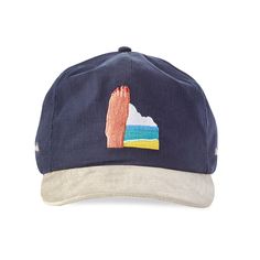 Front on shot of cap with foot beach motif embroidered Adjustable Six-panel Hat With Embroidered Patch, Sea And Clouds, Tom Wesselmann, Red Polish, Brand Presentation, Cap Collection, Sand Sea, Brushed Cotton, Terry Cloth