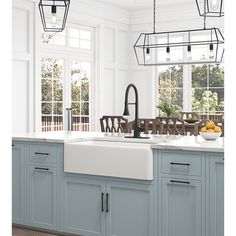 a kitchen with blue cabinets and white counter tops is shown in this image, there are hanging lights above the sink