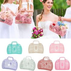 bridesmaids holding pink and blue heart shaped purses with flowers in their hair