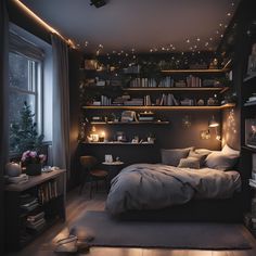 a bed sitting in a bedroom next to a book shelf filled with lots of books