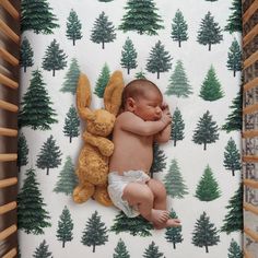 a baby sleeping in a crib next to a teddy bear and forest wallpaper