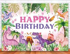 a happy birthday card with dinosaurs and tropical plants on the wall in front of a brick wall