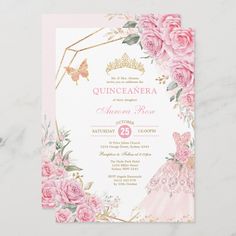 a pink and gold quinceauera birthday party with roses on the front, butterflies on the back