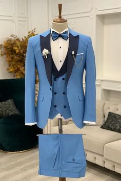 Beacher Glamorous Blue Three Pieces Prom Suits With Navy Blue Peaked Lapel Blue Prom Tuxedo, Blue Tuxedo Wedding, Peak Lapel Tuxedo, Tuxedo Colors, Prom Tuxedo, Blue Suit Men, Blue Tuxedos, Wedding Suits Groom, Slim Fit Tuxedo