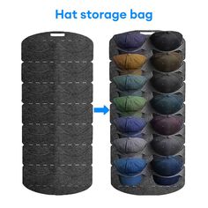 the hat storage bag is open and has six hats hanging on it's sides