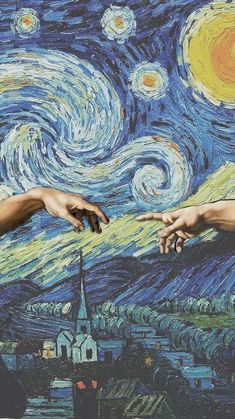 two hands reaching out towards each other in front of an image of the starry night