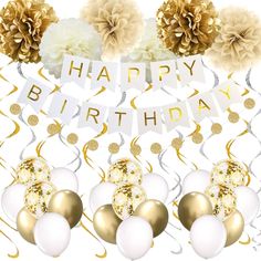 a happy birthday banner with gold and white balloons, pom - poms and streamers