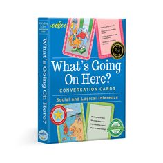 the book cover for what's going on here? conversation cards, which features pictures of cartoon characters