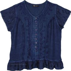 A gorgeous deep blue shade that reminds one of the beautiful medieval lands, this vintage rayon v-neck top stands out from the crowd.  It has short sleeves which is perfect for the summertime, with delicate embroidery featured all over next to the buttons on the front. #tlb #Stonewash #Embroidered #Lace #Misses #vacationclothing #Fall #bohemianfashion #Bluetop #vintagetop #renaissancetop #oldstyletop Indigo Fitted Short Sleeve Top, Blue Peasant V-neck Top, Blue Peasant Style V-neck Top, Blue Bohemian Short Sleeve Tops, Indigo V-neck Bohemian Tops, Indigo Bohemian V-neck Top, Bohemian Indigo V-neck Top, Peasant Style Short Sleeve Top For Festivals, Shirt With Embroidery