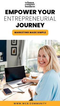 a woman sitting at a desk in front of a laptop with the words, empower your