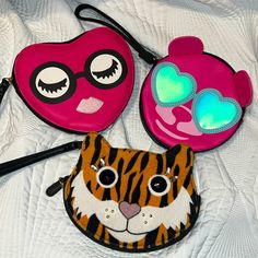 Brand New Tiger= Eyes Are Jeweled Heart= 2 Sided With Card Slots Pink Bear=Opens Half Way Trendy Pouch Wristlet, Trendy Clutch Wristlet For Gift, Trendy Pink Wristlet For Everyday, Trendy Adjustable Bag For Party, Pink Clutch Wristlet As A Gift, Trendy Multicolor Clutch Wristlet, Dog Collar Charms, Betsey Johnson Wallet, Bow Clutch