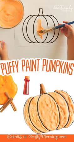 this is an easy pumpkin craft for kids to do with their hands and feet, using puffy paint