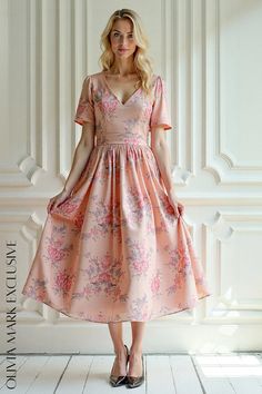 Olivia Mark - V-Neck Floral Midi Dress with Short Sleeves - Pastel Pink Elegance Pink Fitted V-neck Dress For Wedding, Fitted Pink V-neck Dress For Wedding, Pink Fitted V-neck Wedding Dress, Feminine Midi Dress With Fitted Bodice And V-neck, Fitted V-neck Dress With Rose Print, Pink V-neck Dress For Summer Wedding, Peach V-neck Spring Dress, V-neck Midi Dress With Fitted Bodice For Garden Party, Pink Feminine V-neck Dress For Formal Occasions