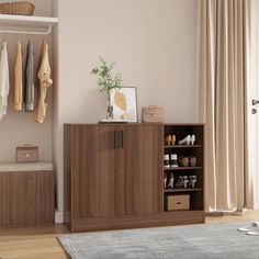 an open closet with shoes and clothes on the shelves, next to a rug in front of a window