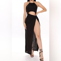 Nwt!! Fashion Nova Black High Cut Maxi Dress Size Medium Black Halter Neck Dress With Side Slits, Halter Neck Dress With Split Design For Night Out, Black Halter Neck Bodycon Dress For The Beach, Black Halter Neck Bodycon Dress For Beach, Chic Black Midi Dress With Split Design, Fitted Midi Dress With Split Design For Beach, Black Bodycon Summer Dress For The Beach, Black Bodycon Dress With Side Slits For Date Night, Black Party Dresses With Split Design