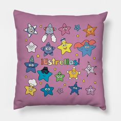 a pink pillow with colorful stars and the words, it's stella on it